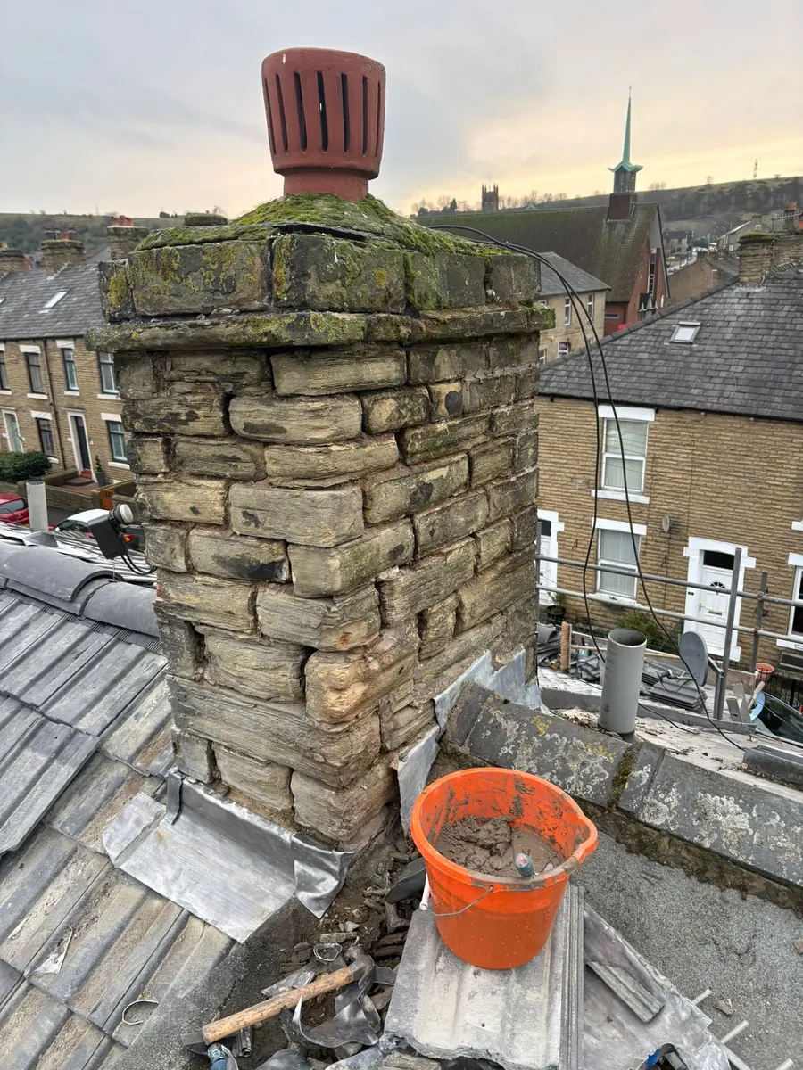 Chimney stack being repaired from the roof, Dawn Roofs Ltd