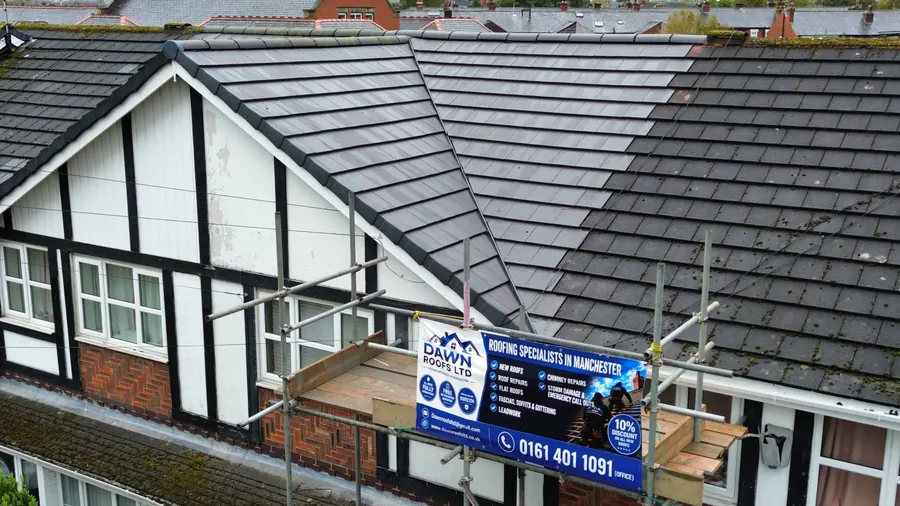 Drone view of a re-roof on a mock-Tudor semi, with the Dawn Roofs scaffold banner, Dawn Roofs Ltd