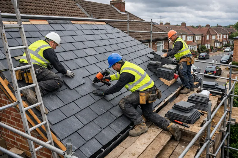 The Dawn Roofs team in hi-vis laying a slate roof, Dawn Roofs Ltd